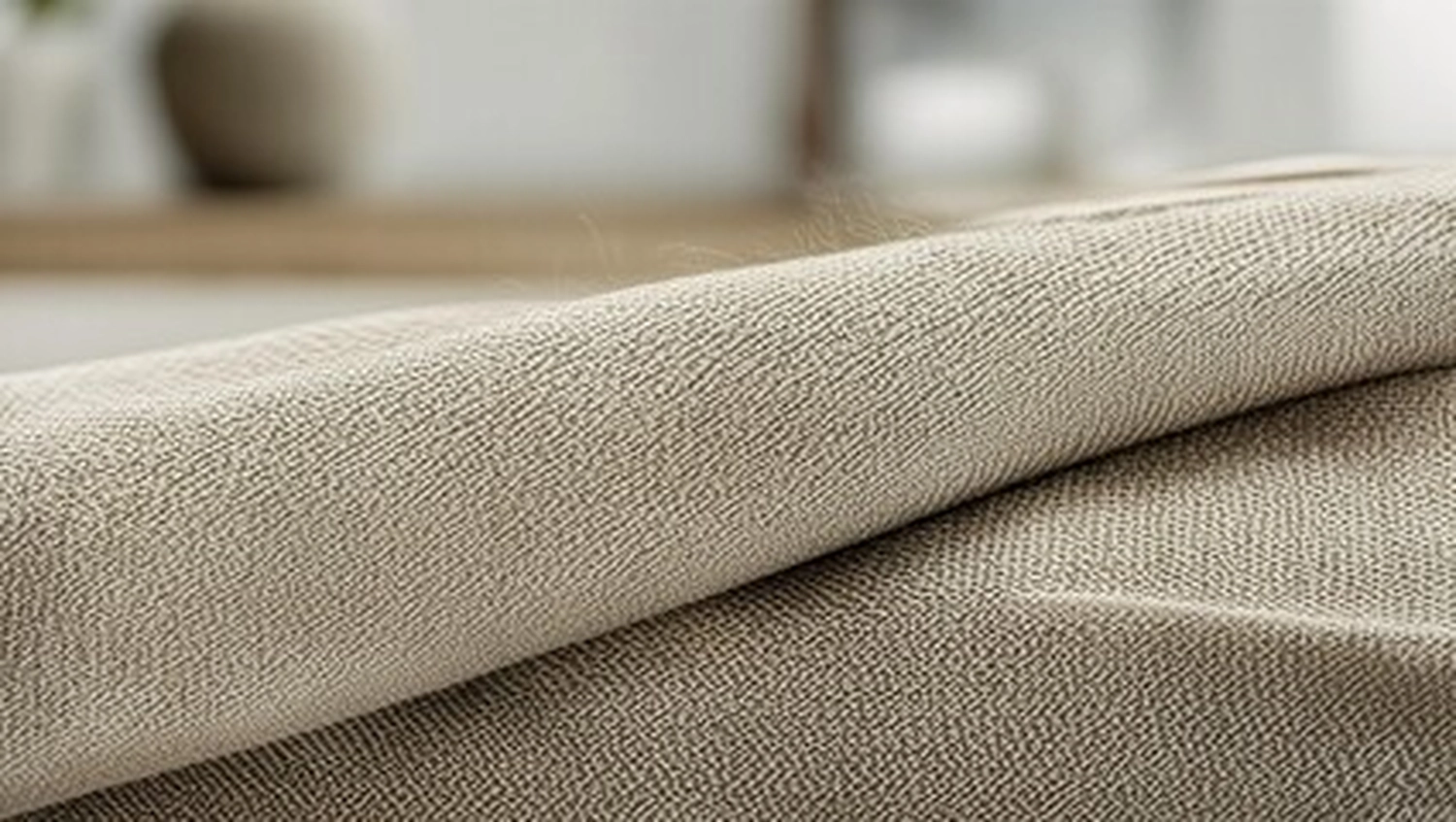 Antjes – Roomstyling – Eine Nahaufnahme eines weichen, beigefarbenen, strukturierten Stoffes mit gewebtem, gemütlichem Muster..